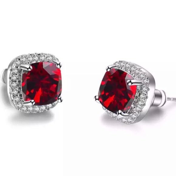 Jewelry - NEW Silver Red Diamond Halo Stud Earring
